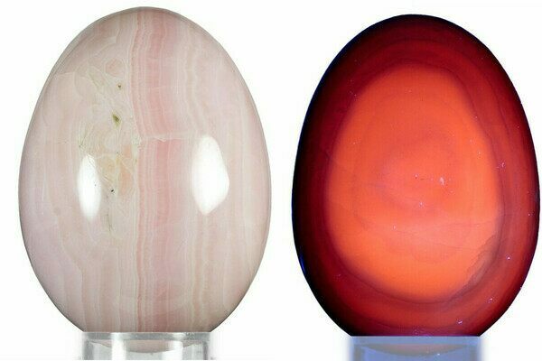 A Manganoan or Mangano calcite egg under normal light and fluorescing under UV light.